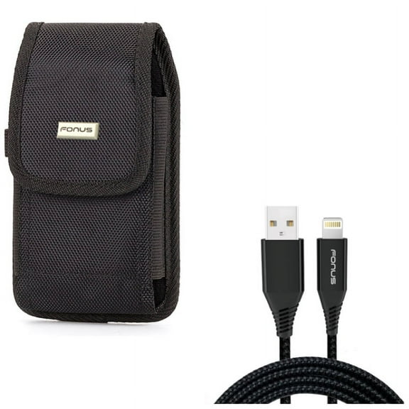 Rugged Case Belt Clip w Charger Cord 10ft USB Cable for iPhone XS Max/8 PLUS/7 Plus/6S Plus/6 Plus - Holster Canvas Cover Pouch Carry and Power Wire Braided Long Sync