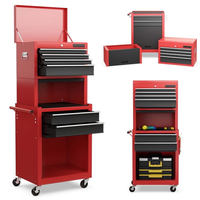 Costway Coffre à Outils Roulant à 6 Tiroirs de Grande Capacité Armoire de Rangement Boîte à Outils Combo avec Rehausseur