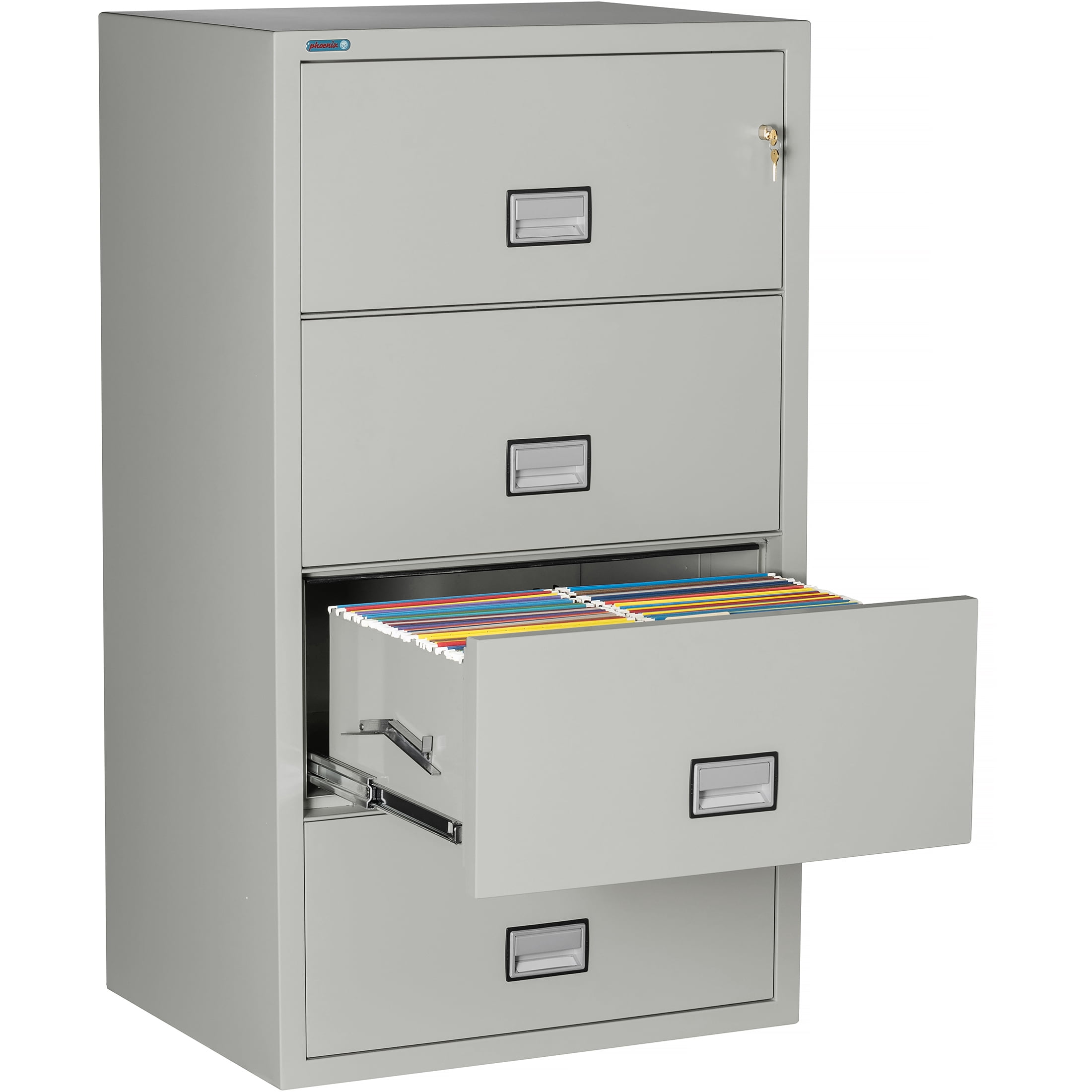 Phoenix Safe Lateral 31 inch 4-Drawer Fireproof File Cabinet with Key Lock, Water Seal, Gray, LAT4W31LG