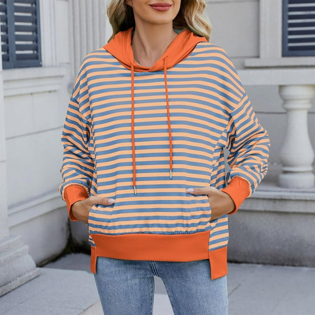 ZMFXJPE Chandails à Capuchon pour Femmes Rayés Chandails Surdimensionnés pour Femmes Chandails en Molleton pour Femmes Chandail de Randonnée Chandails à Capuchon Grande Taille pour Femmes, Orange, TTG