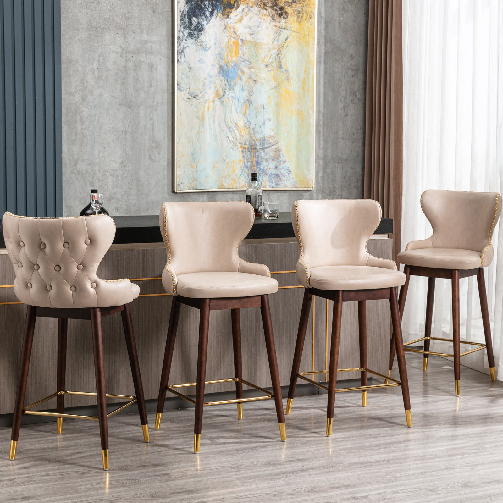 Yardi Yard Modern Leathaire Set of 2 Bar Stools with Back, 29.9" Tufted Gold Nailhead Trim Counter Height Stools for Pub Kitchen, Beige Yardi Yard Modern Leathaire Set of 2 Bar Stools with Back, 29.9" Tufted Gold Nailhead Trim Counter Height Stools for Pub Kitchen, Beige