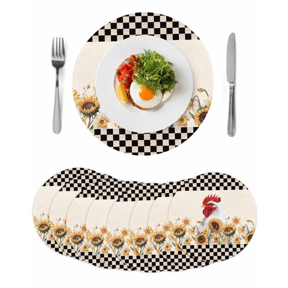 Sunflowers Rooster Round 13 Inch Placemats Set of 8, Farmhouse Vintage Black White Plaid HeatResistant Non Slip Place Mats for Dining Table, Wipeable Braided Kitchen Table Mats for Housewarming