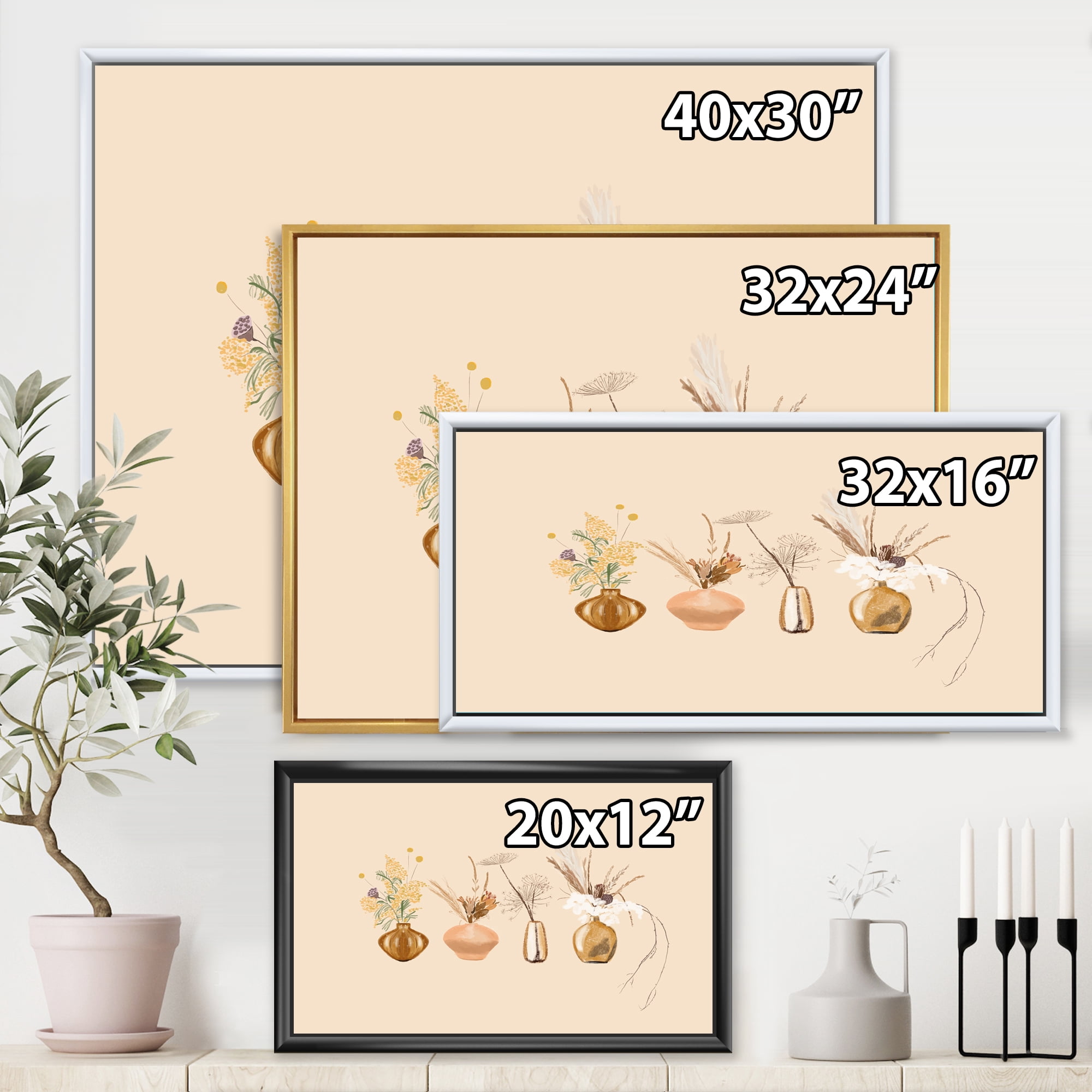 Designart 'Gold Vases With Bouquets Of Wildflowers II' Traditional Framed Canvas Wall Art Print