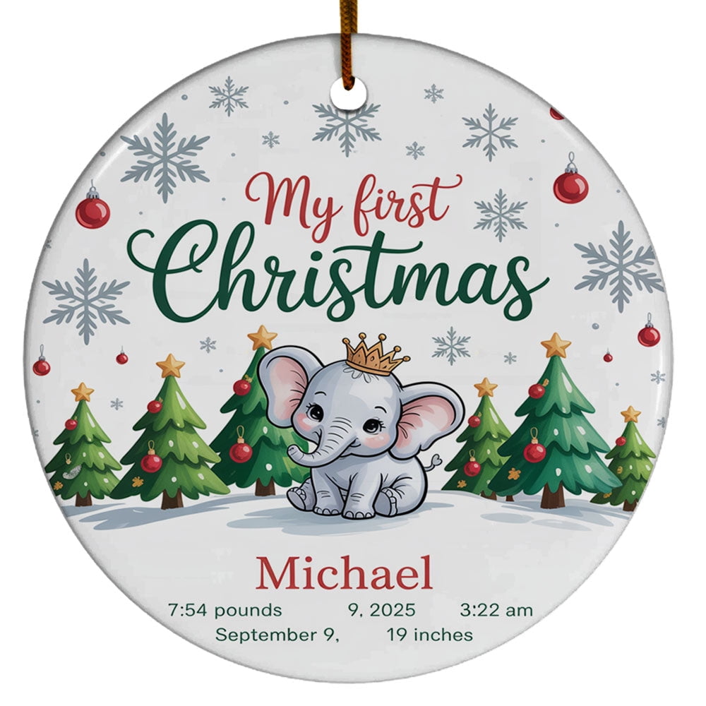 Cute Baby Elephant First Christmas Ornament 2025, Ornament Baby’s 1st Christmas Keepsake, Custom Name Text Birthday Christmas Ornament Gift for New Dad Mom Newborn