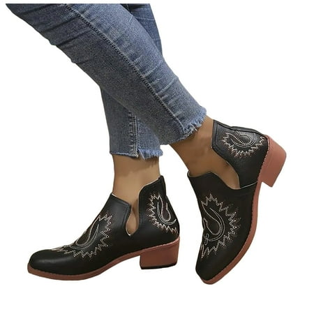 

Mepaouo Women s Cowboy Ankle Boots Embroidery Heel Cutout Walking Slip on Short Booties(Black 9.5)