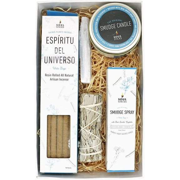 Soul Sticks Shaman's Kit White Sage Gift Set with Espiritu Incense Sticks, Sage Smudge Stick, Smudge Candle, Smudge Spray, 4" Selenite Wand in White Gift Box
