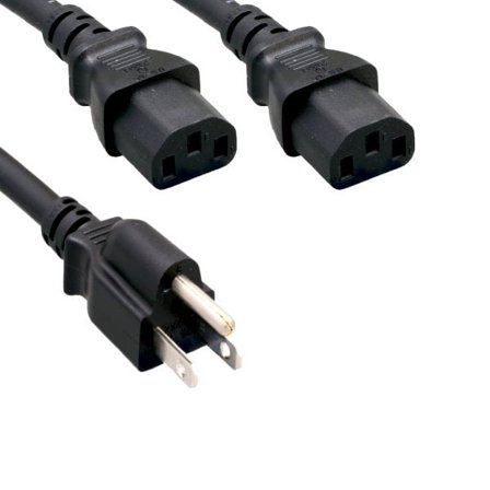 Kentek 6 Ft Power Cord 3 Prong Extension Y Splitter Cable NEMA5-15P to 2 X IEC320 C13 SJT 16 AWG 13A 250V Black Heavy Duty