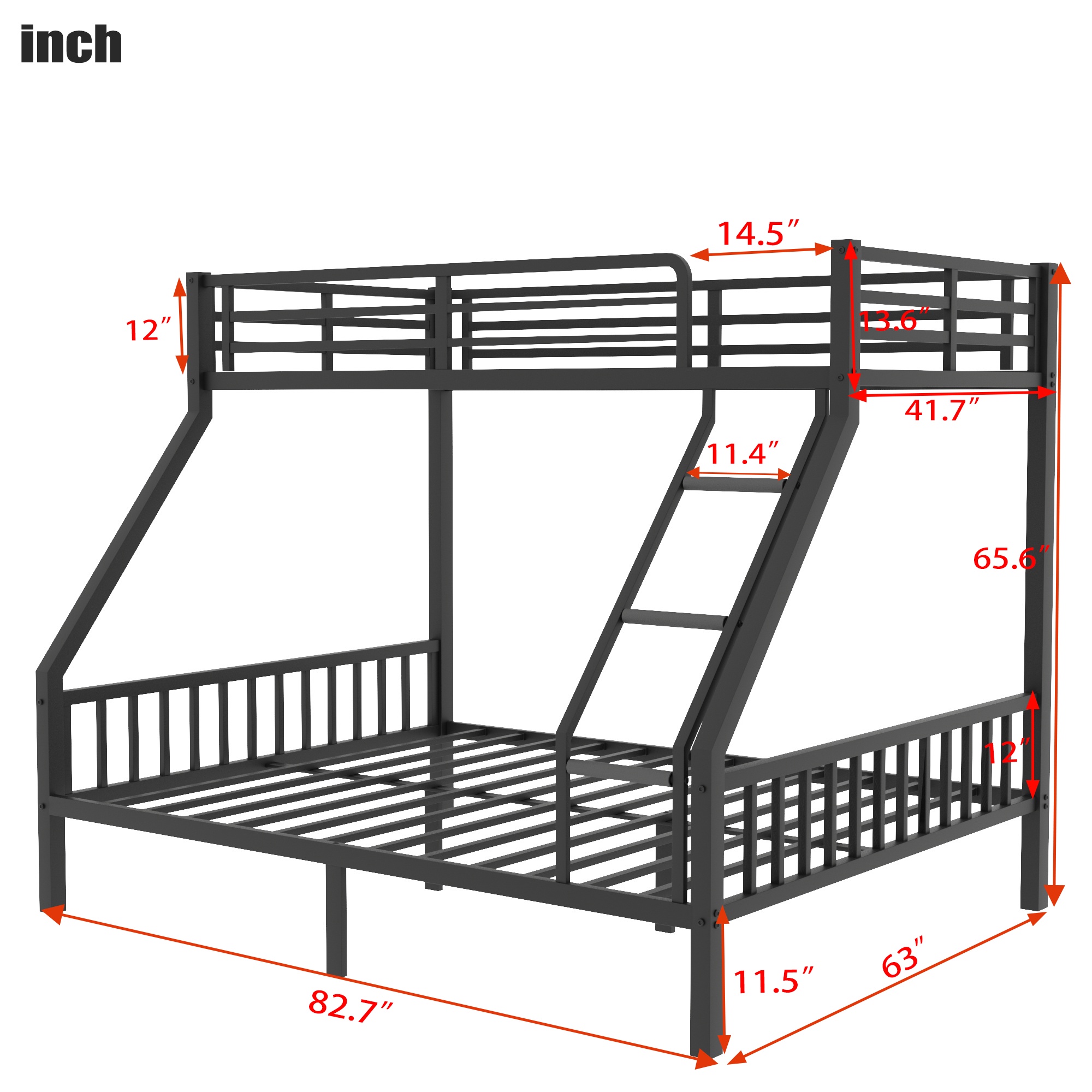 PORKISS Bunk Bed, Metal Twin XL Over Queen Bunk Bed Frame with Ladders and Slats, Modern Bed Frame with 12.5" High Safety Guard, Freestanding Twin Bunk Bed for Teens Adults, Black