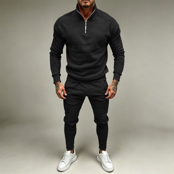 LEKWK Tracksuit Men 2 Piece Outfit Quarter Zip Mock Neck Sweatshirt and Jogger Sweatpants Athletic Fall Winter Gym Sweatsuits Matching Sets