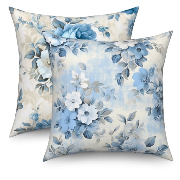 Dashan Blue Floral Throw Pillow Covers 18x18 Set of 2,Chinoiserie Flower Linen Pillow Cases for Sofa Couch Bedroom Decor