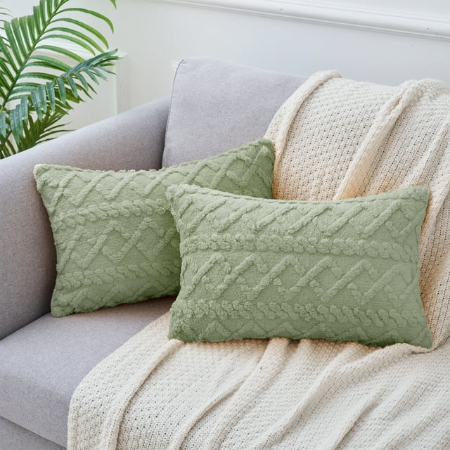 Juego de 2 fundas de cojín decorativas de tejido trenzado, fundas de cojín de piel sintética para sofá, verde claro, 20" x 20"