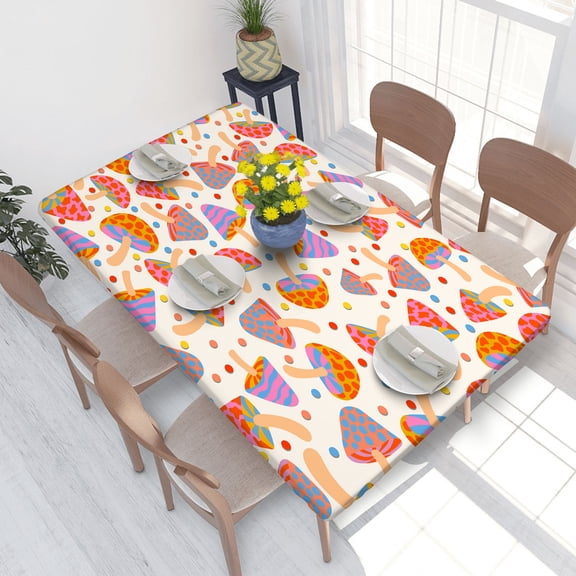 Elastic Edge Fitted Tablecloth Multicolor Mushroom for Rectangle Table 4 FT 30 X 48 Inch