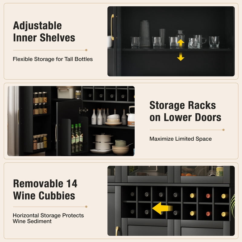 70.87" Tall Home Bar Cabinet with Glass Doors, Storage Cabinet with Removable Wine Cubbies, Kitchen Pantry with Adjustable Shelves