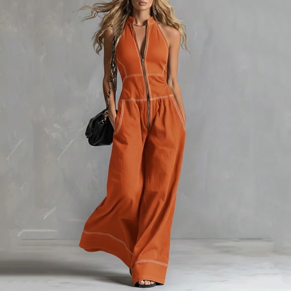 Womens Halter Neck Jumpsuit Zipper Front Wide Leg Summer Casual Elegant Romper with Pockets S