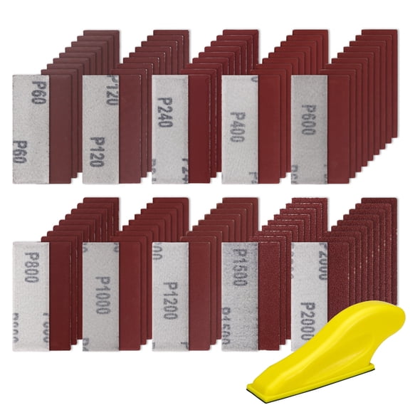 100 PCS Rectangle Micro Sander Kit 3.5” x 1” with Handle Sander Tool detail sand paper 10 Grits sanding strip 60 to 2000 grit sandpaper strips sticky for Wood Metal Craft Tight Narrow Space (Combo 2)