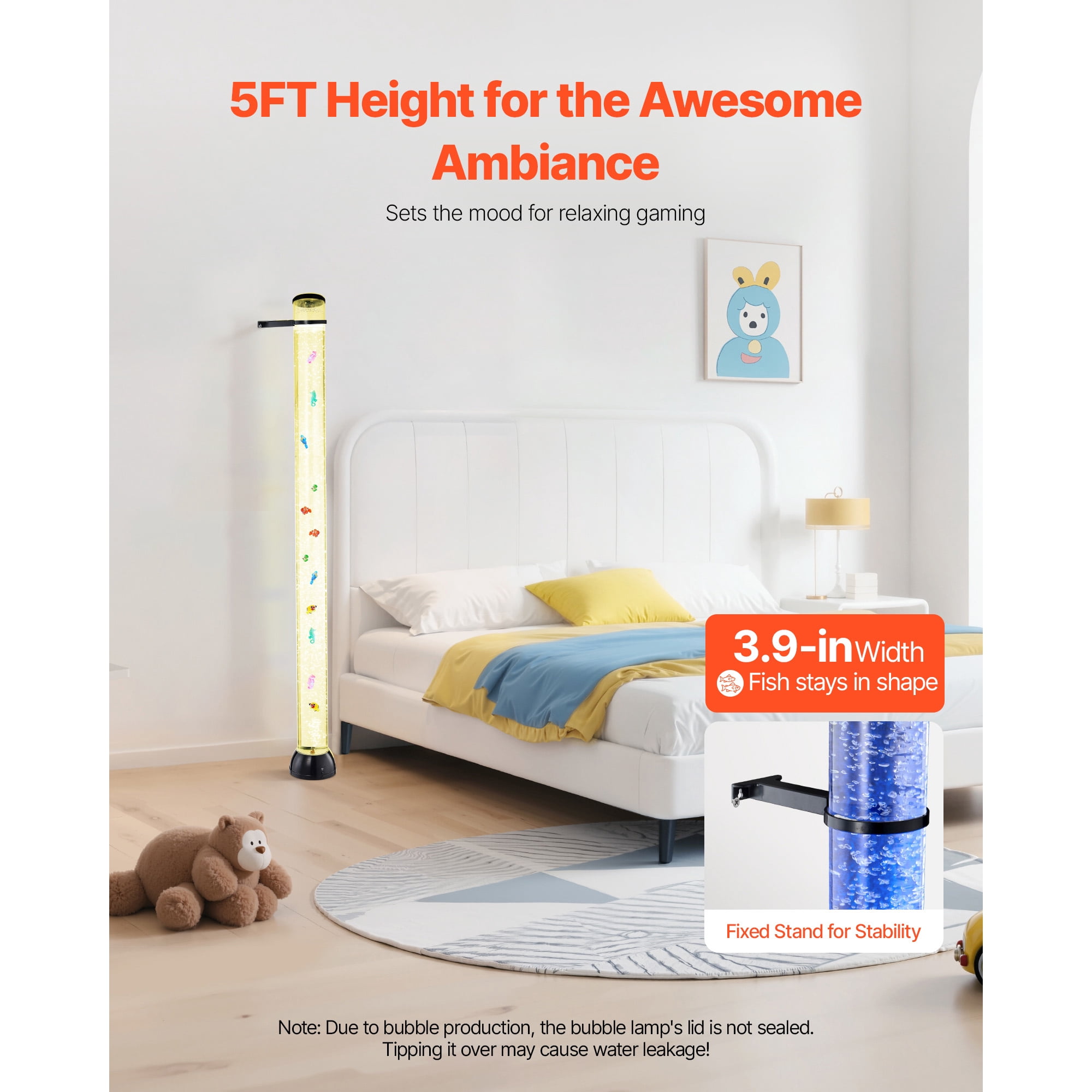KFFKFF 5 ft Sensory Bubble Tube Lamp with Floating Fish, 16 Color Options, Remote Control, and Calming Light for Home Decor and Relaxation
