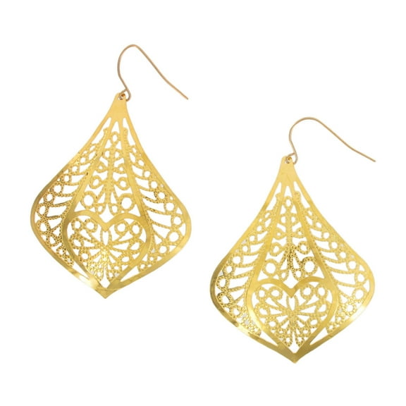 Gold Tone Filigree Statement Heart Teardrop Pierced Dangle Earrings Ladies Adult Female Women