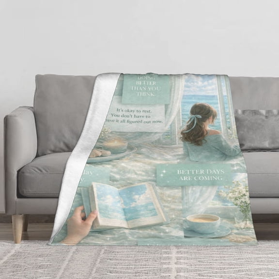 Mint Blue Coastal Calming Affirmation Flannel Throw Blanket Soft Blankets for Bed Sofa
