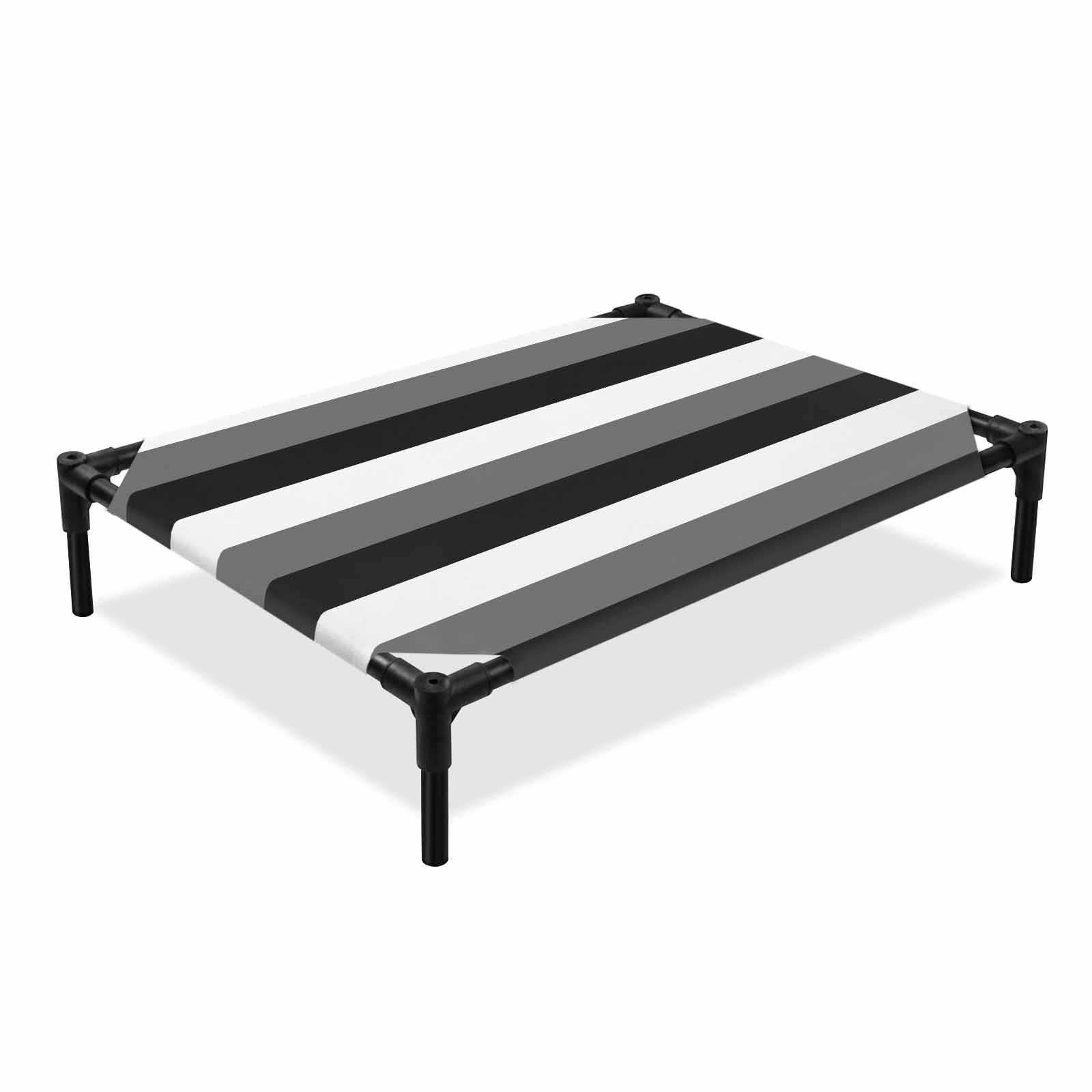 Black Grey Elevated Dog Bed and White Striped Geometric Cooling Breathable Outdoor Raised Dog Cot Bed with Metal Frame Non-Slip Feet for Medium Dog 24x20in