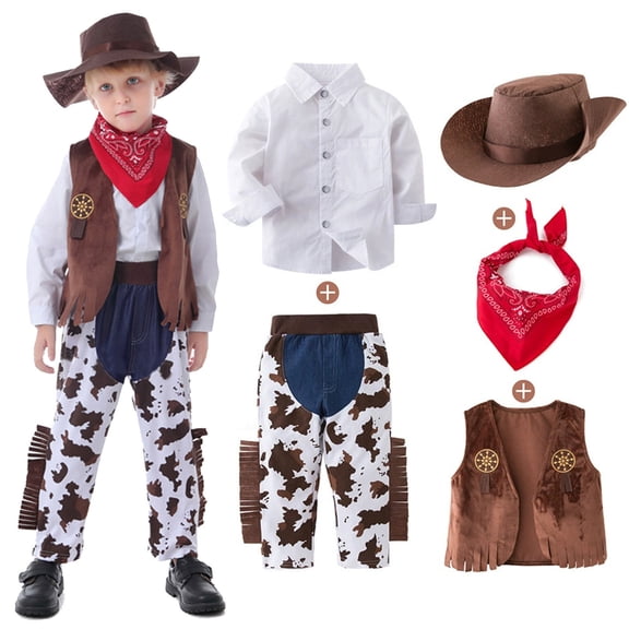 Trendfront Toddler Boys Cowboy Outfits Collared Long-Sleeve Shirt Vest and Pants Western Character Roleplay Performance Suit