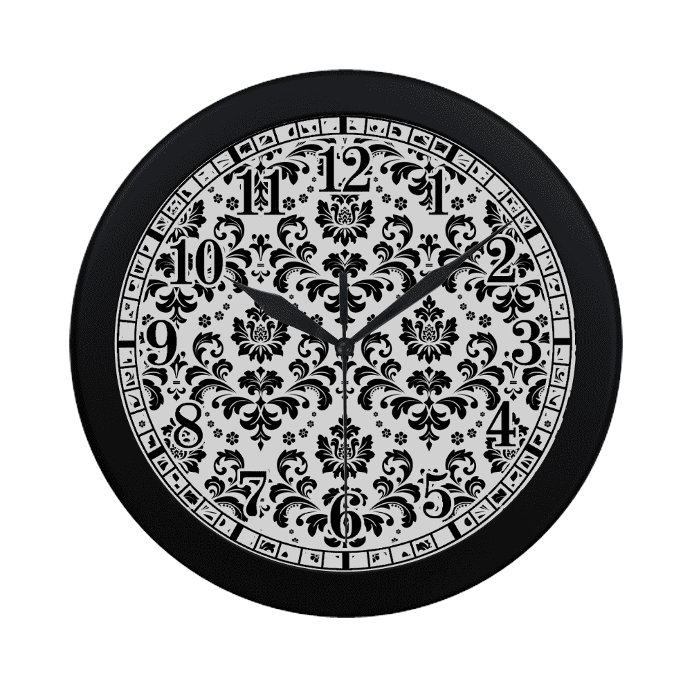 SUNENAT Elegant Damask Black and White Floral Large Number Wall Clock