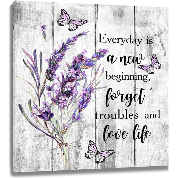 Lavender Flower Wall Art Purple Butterfly with Floral Wooden Framed Canvas Prints Inspirational Vertical Wall Decor Poster for Bathroom Living Room Bedroom Kitchen Office,12Wx12L inch