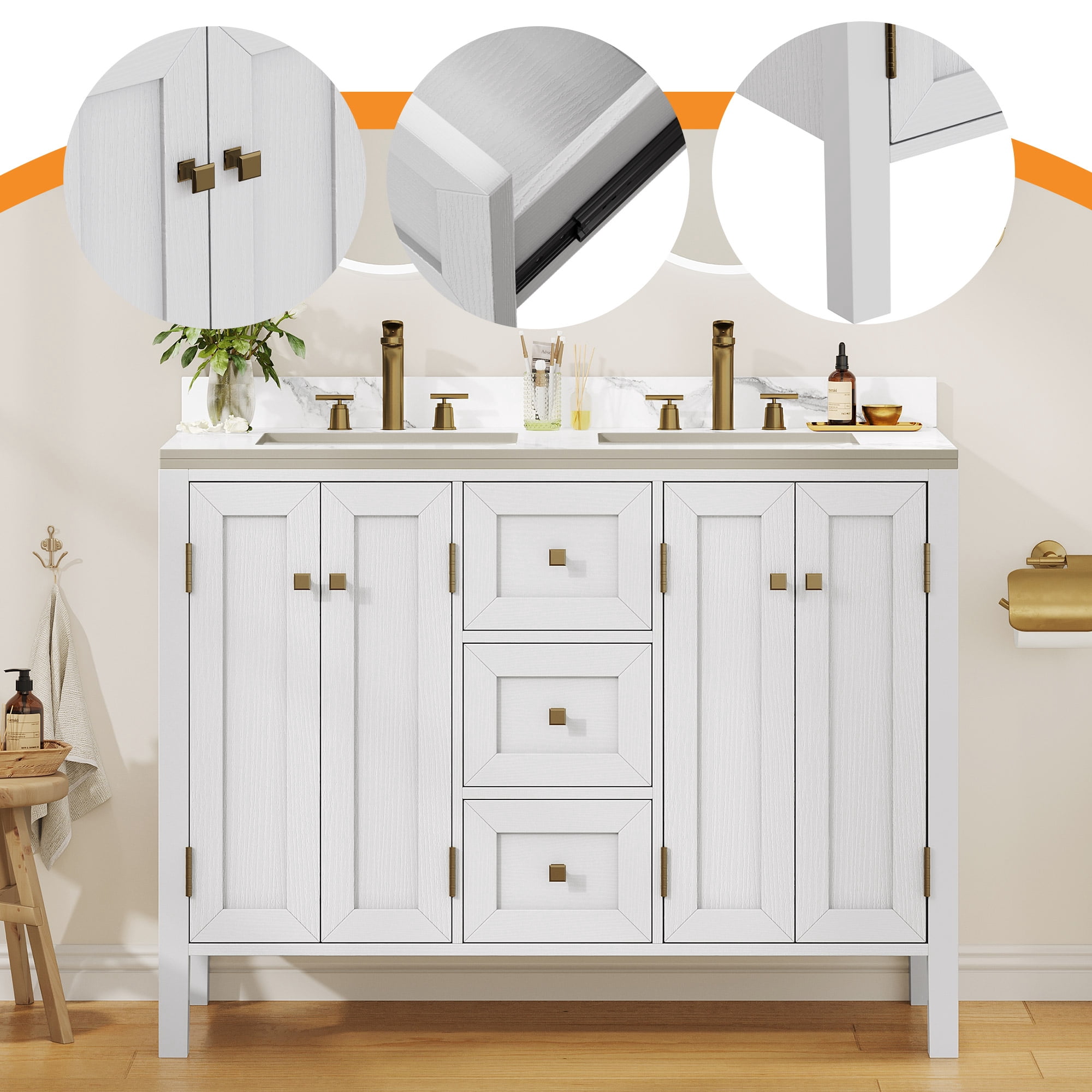 Uforic 47 Inch Double Sink Bathroom Vanity, Mid-Century Modern Bathroom Storage Cabinet with Sintered Stone Countertop, 4 Soft-close Doors & 3 Drawers