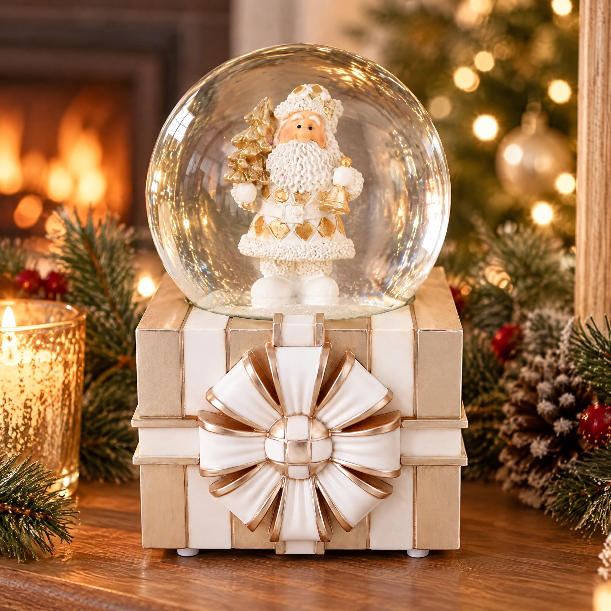 Santa on Gift Box Base Musical Christmas Snow Globe, Gold and White, 6.3", by Holiday Time
