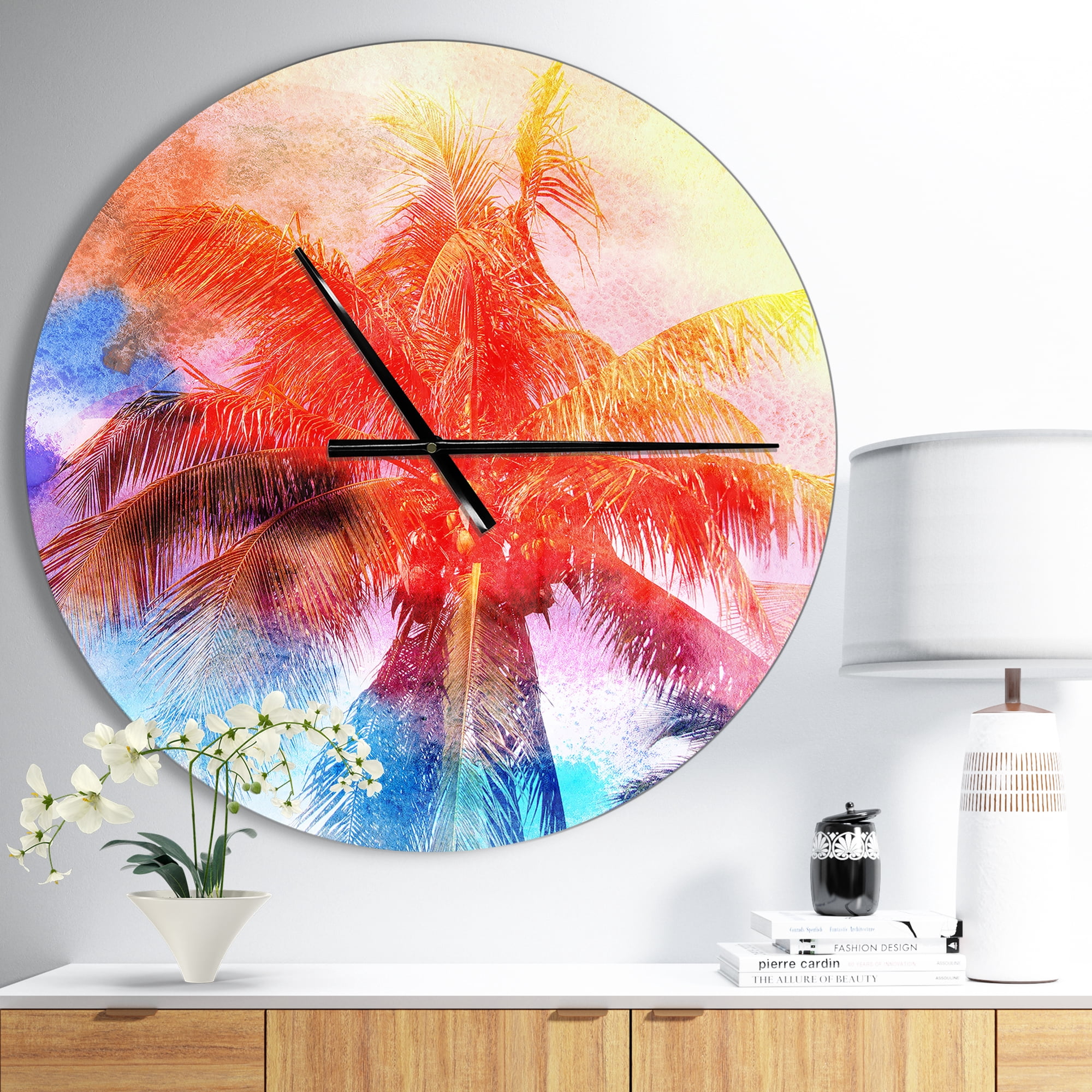 Designart 'Retro Palms Red Watercolor ' Modern wall clock