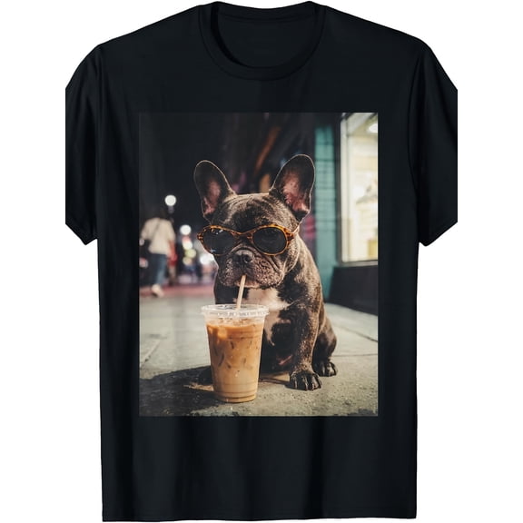 Funny Cool French Bulldog Iced Coffee Graphic T-Shirt, Unisex Cotton Crew Neck Short Sleeve Tee, Frenchie Casual Novelty Shirt, Gift For Dog And Coffee Lovers