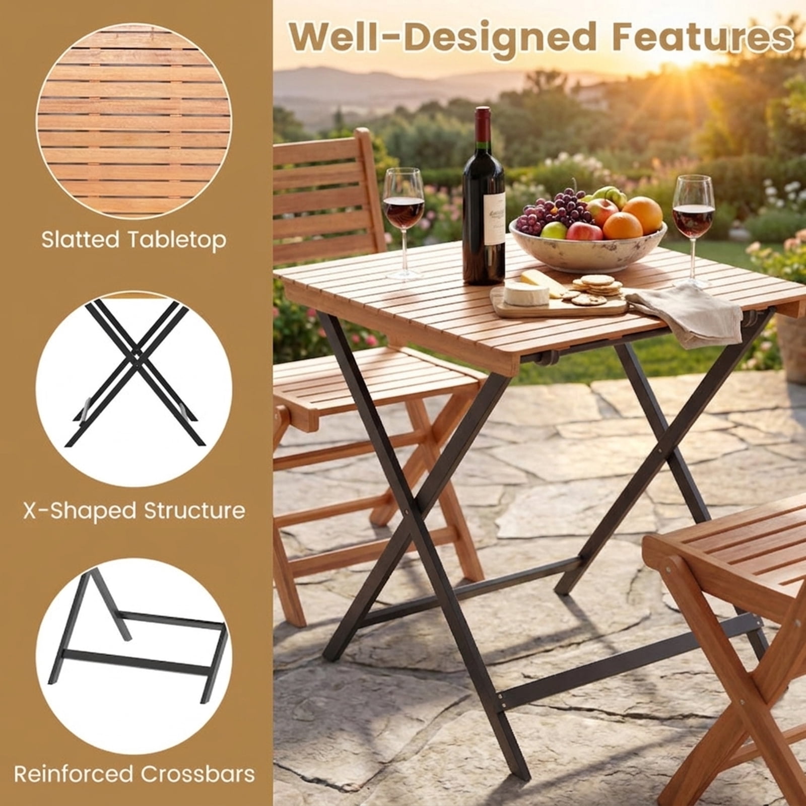 Biotree 28 Inch Folding Square Outdoor Table with Slatted Acacia Wood Top for the Patio Backyard and Porch to Enjoy Meals and Drinks Outside, Black