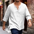thumbnail image 3 of Men Linen Shirts Summer 3/4 Sleeve Tops Plus Size V Neck Gauze Blouses Dressy Casual Loose Clothes,White,XL, 3 of 8