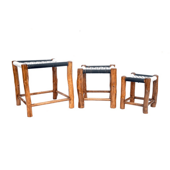 Set of 3 Lyptus Wood Handmade Stool Boho Chic Decorative Sitting Chair for Indoor Outdoor Home, Office Bedroom, Living Room Decor