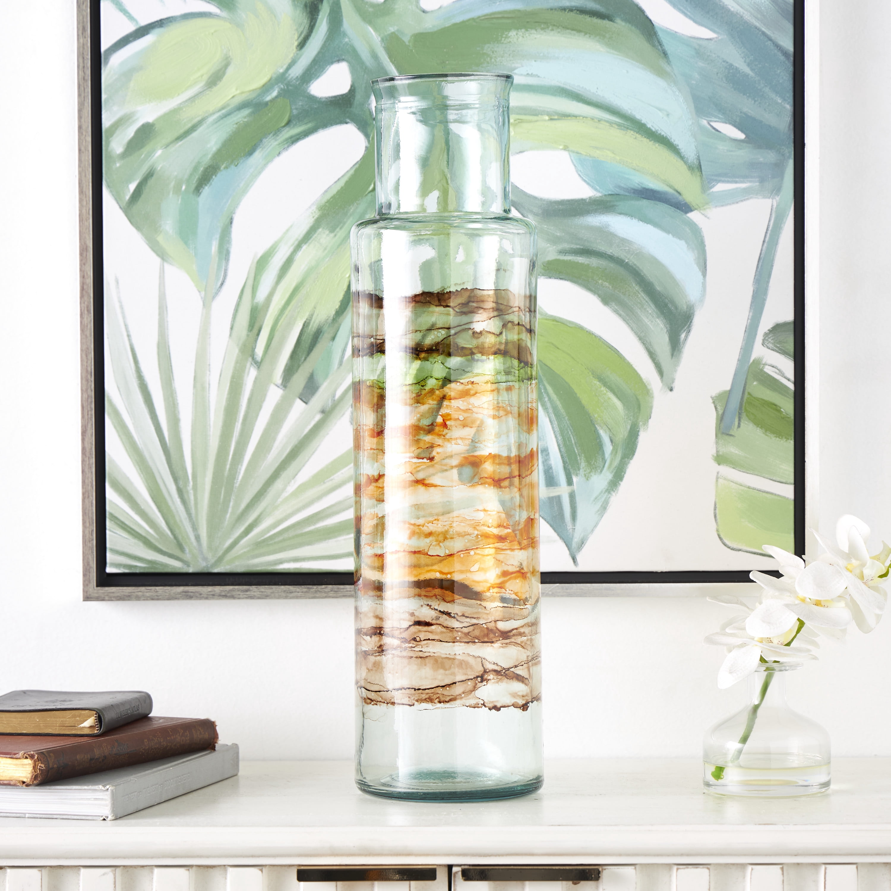 DecMode 22" Abstract Recycled Glass Vase with Swirled Colored Glass Bands