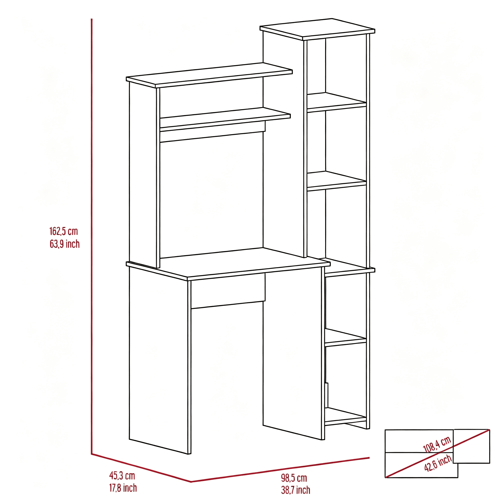 Asteroutdoor Aramis Desk with Hutch and Side Bookcase, Light Gray, 38.7 in Wide, Five Open Shelves, Two Hutch Shelves, Space-Saving Home Office Desk