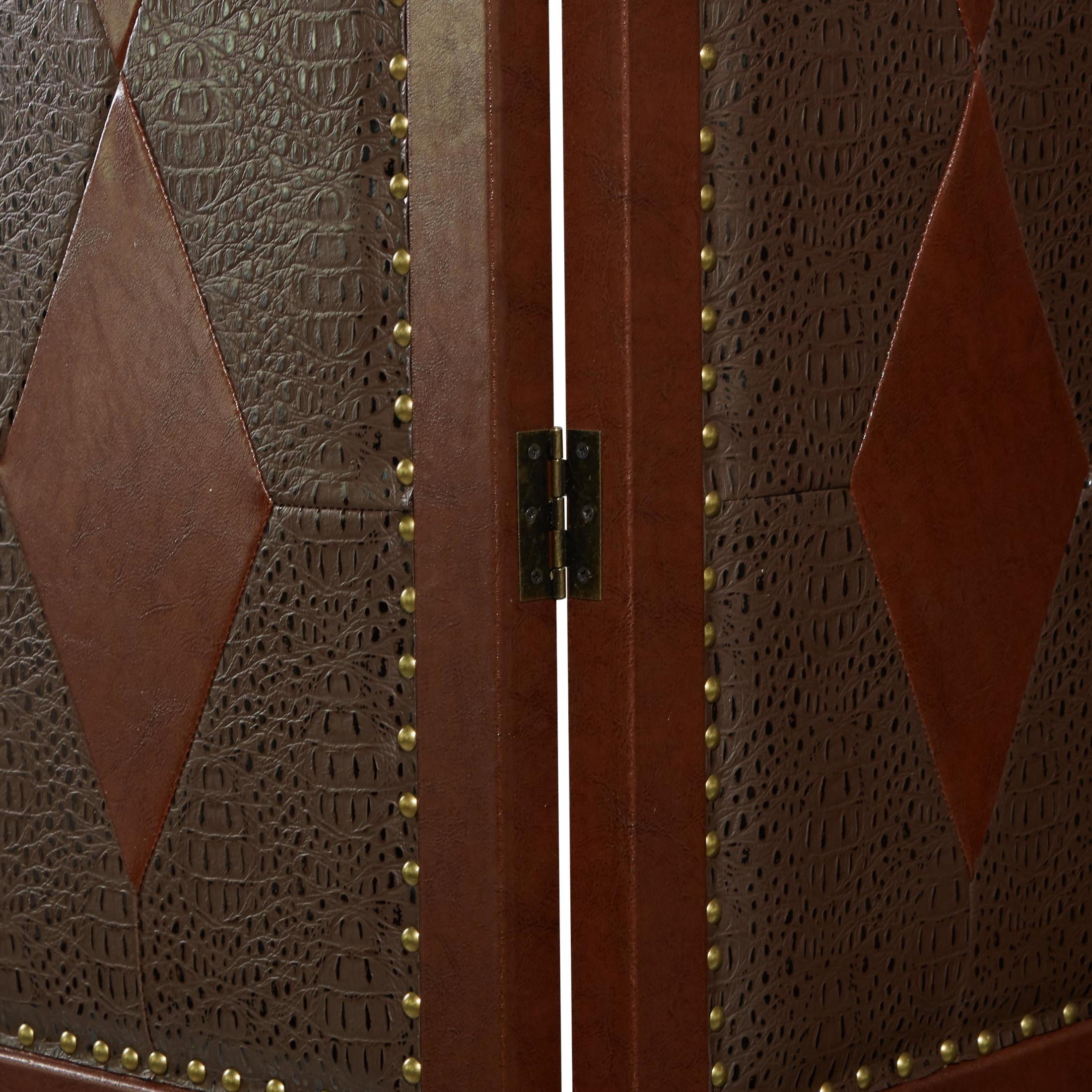 DecMode 64" x 71" Brown Faux Leather Scroll Foldable Partition 4 Panel Room Divider Screen with Faux Leather Detailing, 1-Piece