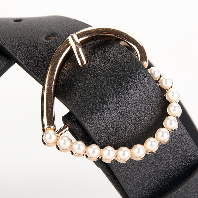 Jdlsppl Women's Faux Leather Belt For Dress Fashion Chunky Belt Love Heart Beaded Jeweled Pearl Buckle Casual Belts Black One Size
