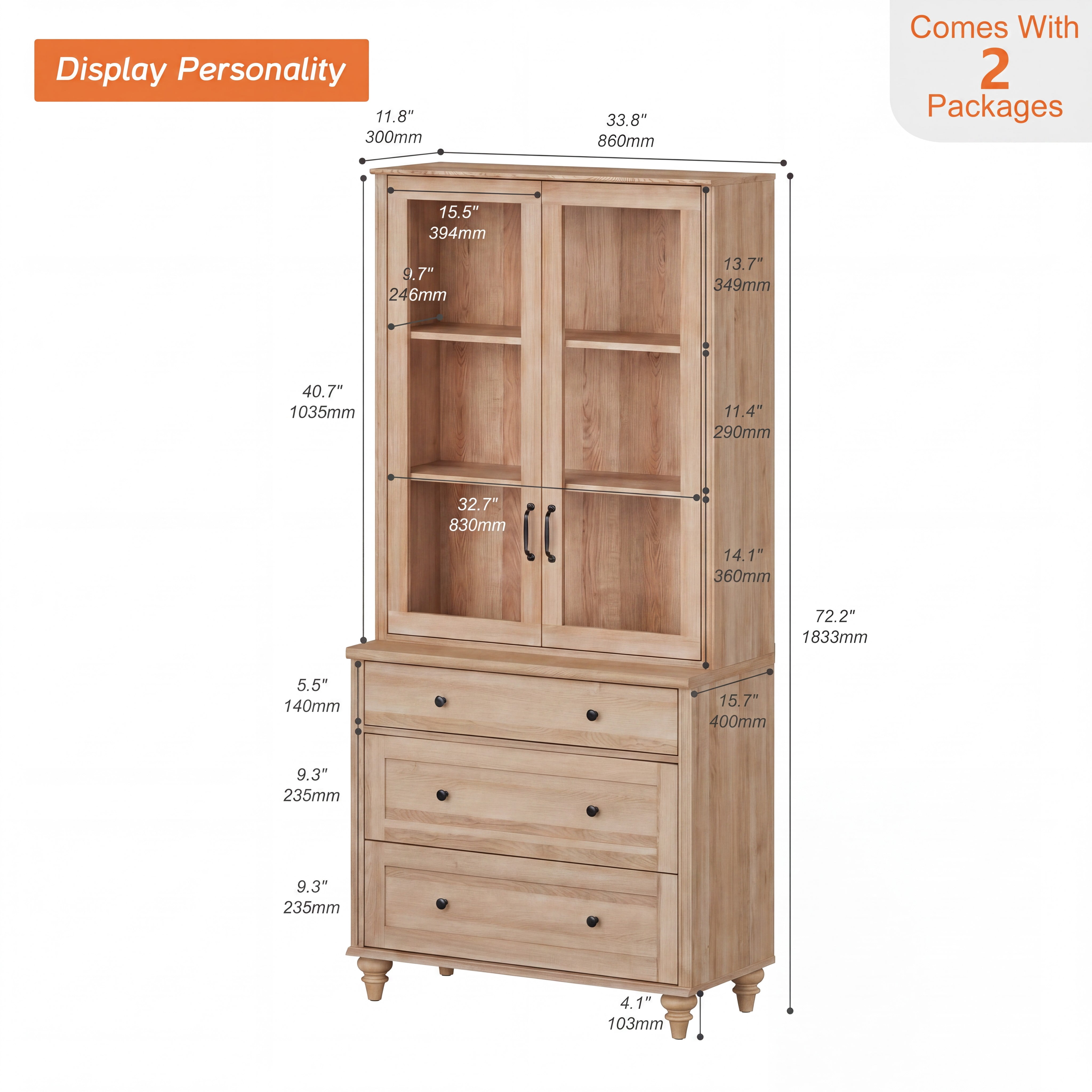 Oak 5-Tier Bookcase with Glass Doors, Bookshelf with 3 Drawers, Farmhouse Library Wooden Bookshelves for Living Room, Office, Kitchen