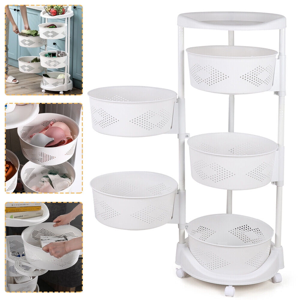 5 Layer Rotating Fruit and Vegetable Baskets - Storage Basket Kitchen Rotating Organizer Rack Fruit Vegetable Storage Rack W/ Wheels