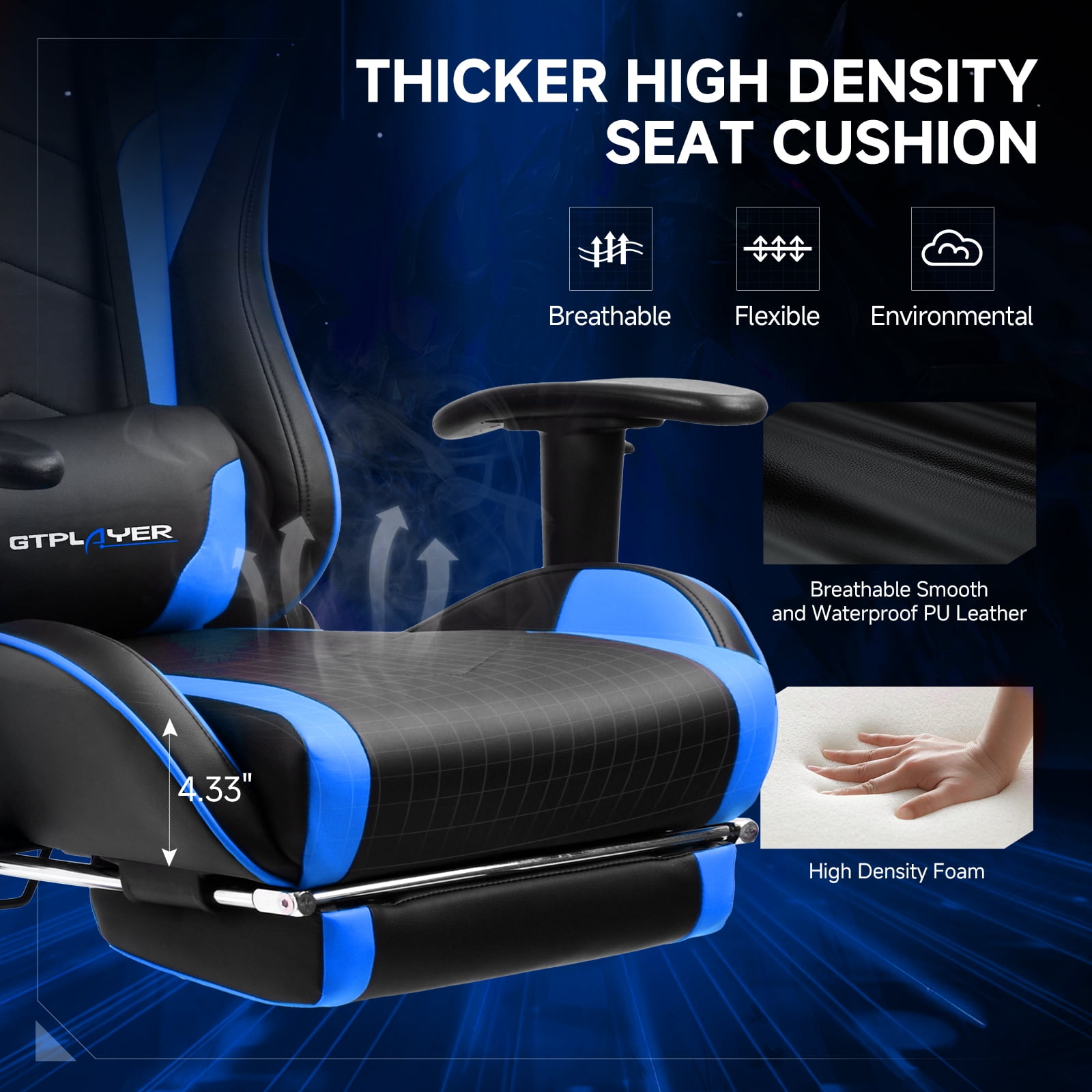 GTPLAYER Gaming Chair with Bluetooth Speakers Footrest PU Leather Music Office Chair, Blue