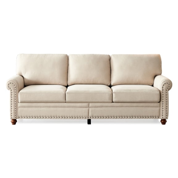 Modern 3 Seater Upholstered Sofa, 100% Polyester Soft Couch with Storage Removable Cushions Solid Wood Legs and Nailhead Trim for Living Room Bedroom Office