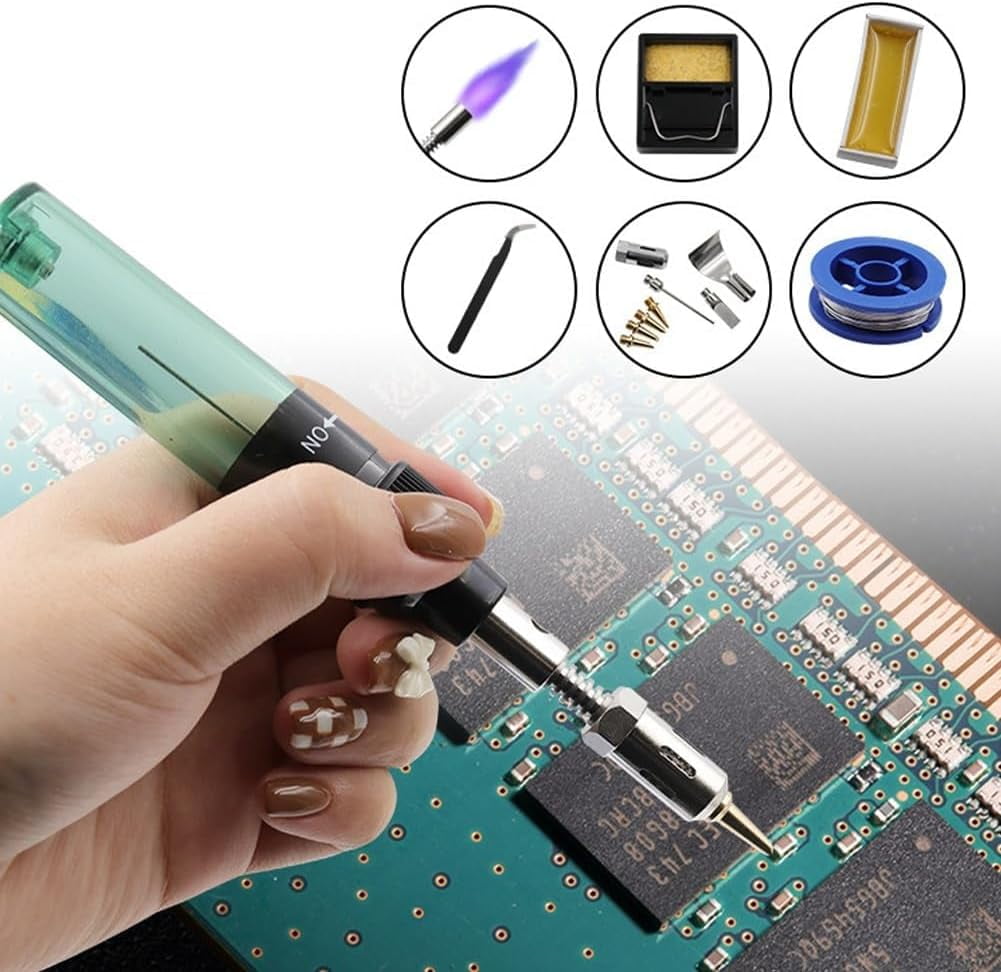 4 in 1 Portable Soldering Iron Kit, Cordless Adjustable Butane Gas Soldering Iron Kit, Mini Refillable Flame Tool with Safety Lock & Fast Heating Lightweight, for Electronics Repair (Set D)