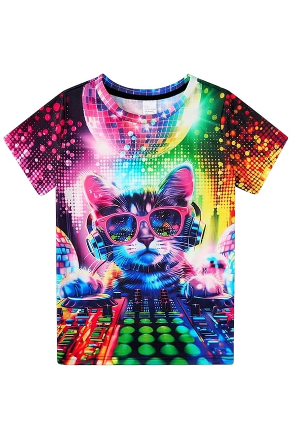 Summer Boys Short Sleeve Graphic Tee Casual Cat Print Crew Neck T Shirt, Sizes 1-13