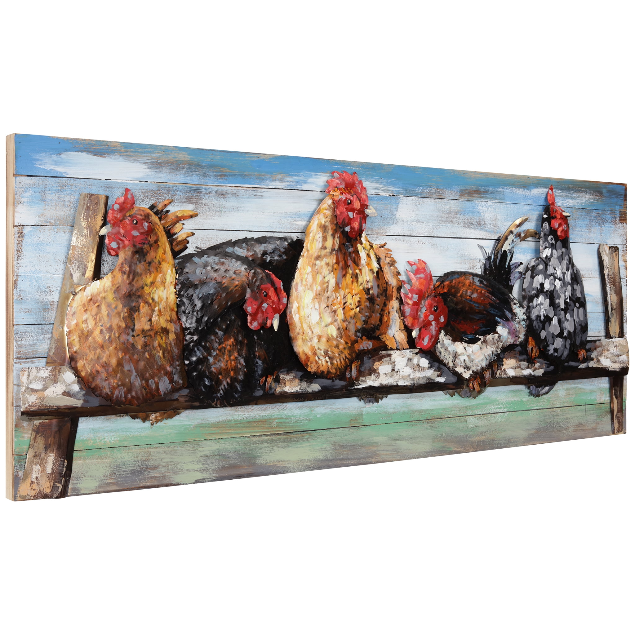 Empire Art Direct Chickens Handed Painted 3D Metal Wall Sculpture on Slatted Solid Wood Wall Art, 60" x 24" x 3.5", Ready to Hang