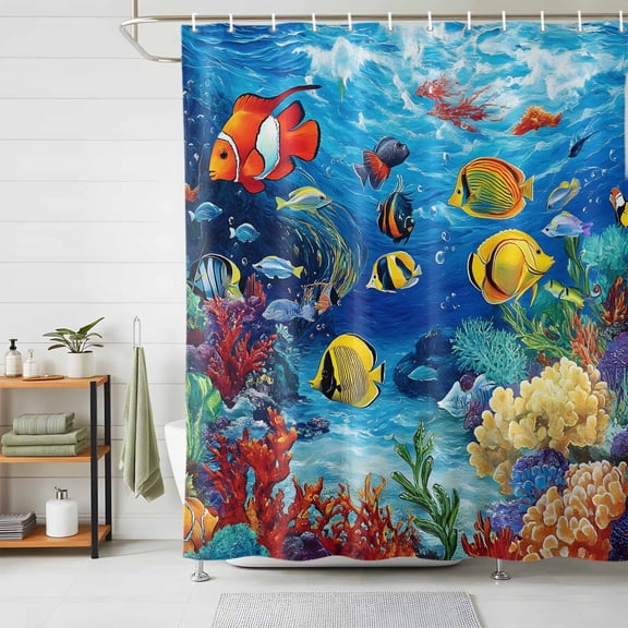 Shower Curtains for Bathroom, Cartoon Fish Waterproof Fabric Shower Curtain, Blue Colorful Sea Ocean Seagrass Coral Decorative Bathroom Curtain for Bathtub, 36"x72", No Hooks Included
