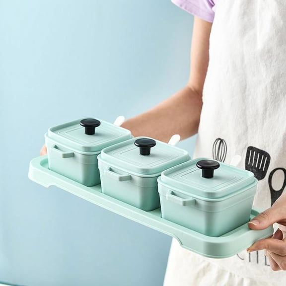 3 Grids Household Seasoning Box with Handle and Spoon, Seasoning Storage Container Tray Combo Set Jars for Salt Spice Suga