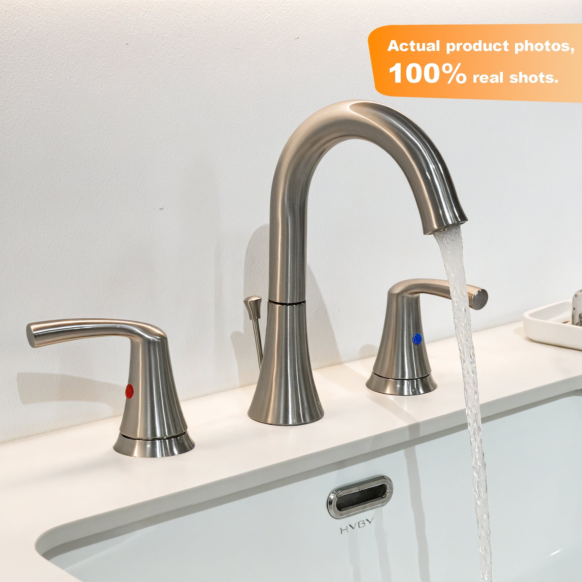 Sunrinx 8 Inch Widespread Bathroom Faucet Brushed Nickel 3 Hole Dual Handle Swivel High Arc Drain