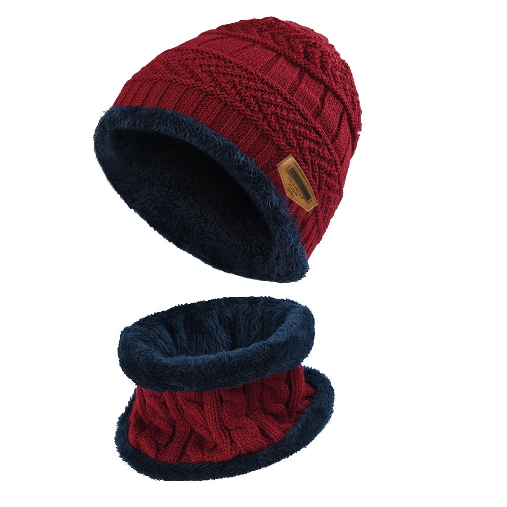 Kids Thick Cap Scarf Warm Winter Hats 2 Piece Fleece Lining Knitted Beanie Skull