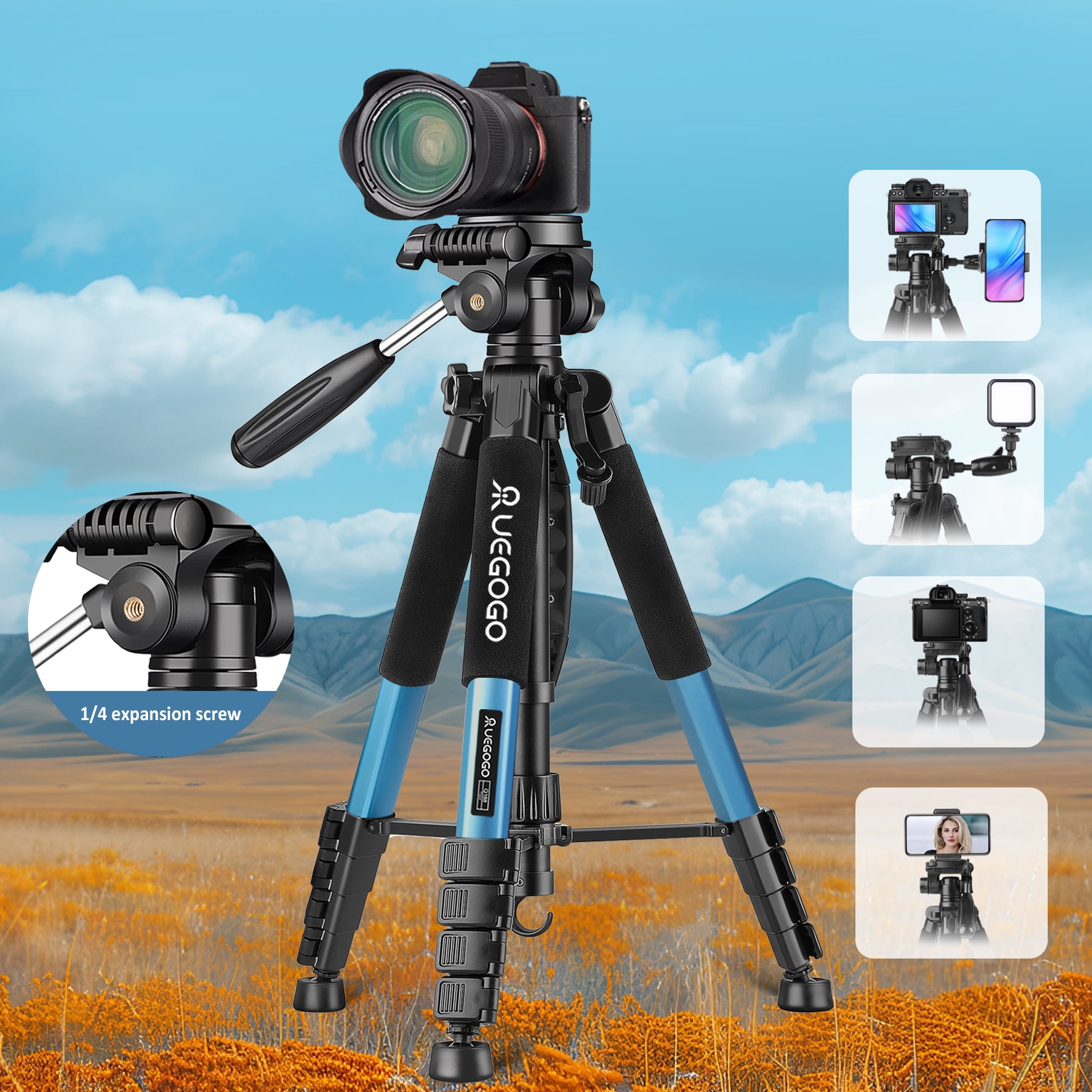 UEGOGO 74-inch camera tripod with travel bag, expandable camera tripod, T-phone stand + quick mounting pad, mobile phone live stand tripod removable pylon camera tripod