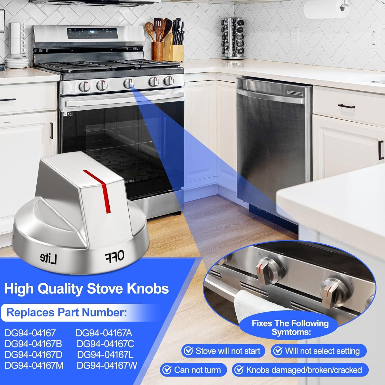 DG94-04167 Upgraded Stove Knobs Replacement, DG94-04167A Compatible with Samsung Gas Range Oven NX60A6111SS NX60A6311SS, Silver